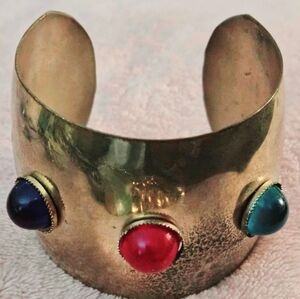 Vintage Artisan Made Brass Cuff W/Faux Stones